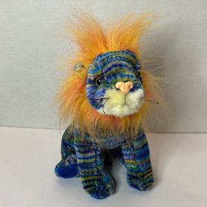 King Plush Blue Yellow Striped Lion Plush Orange Pink Faux Fur Mane